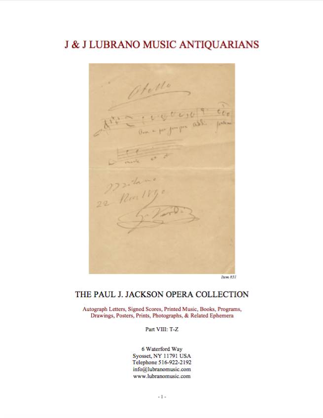 THE PAUL J. JACKSON OPERA COLLECTION - Part VIII: T-Z