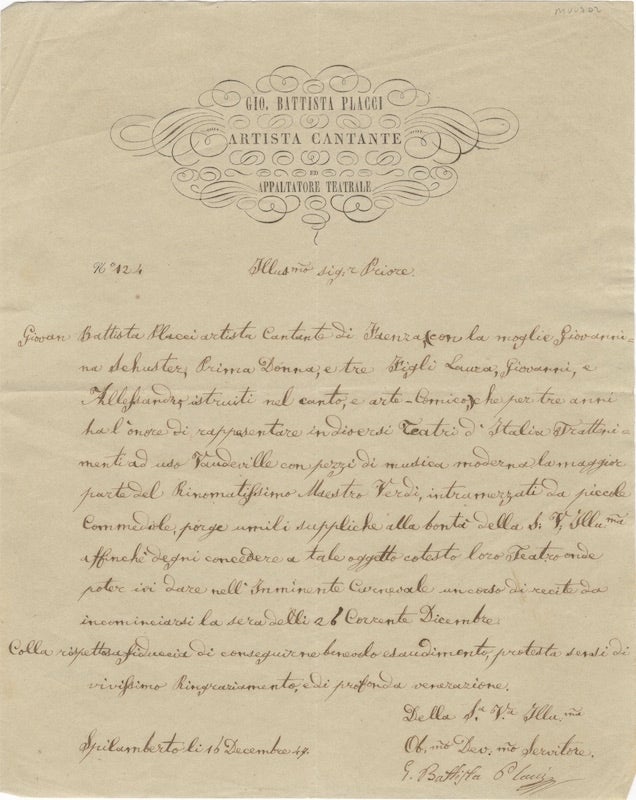 Item #20567 Autograph letter signed to Signor Priore. Giovanni Battista 179?-186? PLACCI.