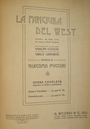 Item #21074 La Fanciula del West [Piano-vocal score]. Giacomo PUCCINI
