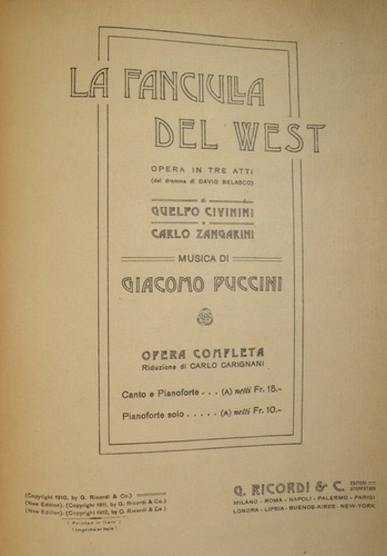 Item #21074 La Fanciula del West [Piano-vocal score]. Giacomo PUCCINI.