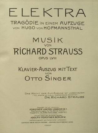 Item #21130 [Op. 58]. Elektra Tragödie in einem Aufzuge von Hugo von Hofmannsthal ......