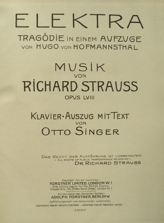 Item #21130 [Op. 58]. Elektra Tragödie in einem Aufzuge von Hugo von Hofmannsthal ... Klavier-Auszug mit Text von Otto Singer. [Piano-vocal score]. Richard STRAUSS.