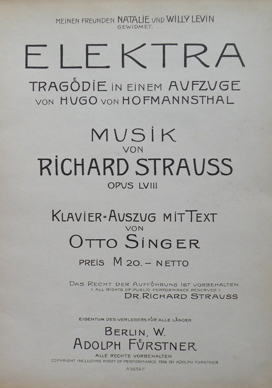 Item #21175 [Op. 58]. Elektra Tragödie in einem Aufzuge von Hugo von Hofmannsthal... Klavier-Auszug mit Text von Otto Singer. [Piano-vocal score]. Richard STRAUSS.