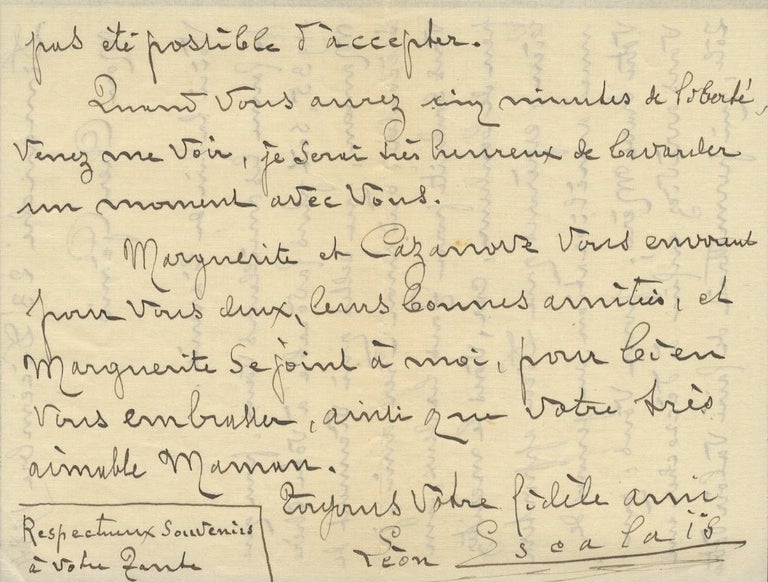 Item #21850 Autograph letter signed to Monsieur Génio at the Opéra Comique in Paris. Léon ESCALAÏS.