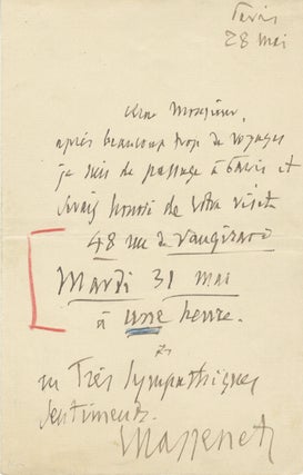 Item #22364 Autograph letter signed "Massenet." Jules MASSENET