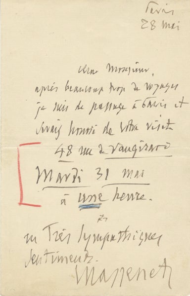 Item #22364 Autograph letter signed "Massenet." Jules MASSENET.