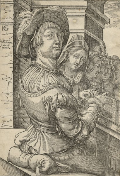 Item #22397 Young man playing a psaltery (salterio) accompanying a group of singers. Woodcut after a drawing by Hendrick Goltzius (1558-1617). Christof van SICHEM.
