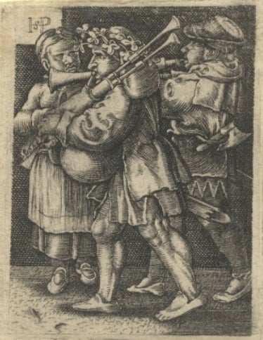 Item #22404 Fine 16th century German engraving after Hans Sebald Beham (1500-1550) depicting two male musicians intently playing the bagpipes and shawm or bombard while a woman looks on. MUSICAL INSTRUMENTS.
