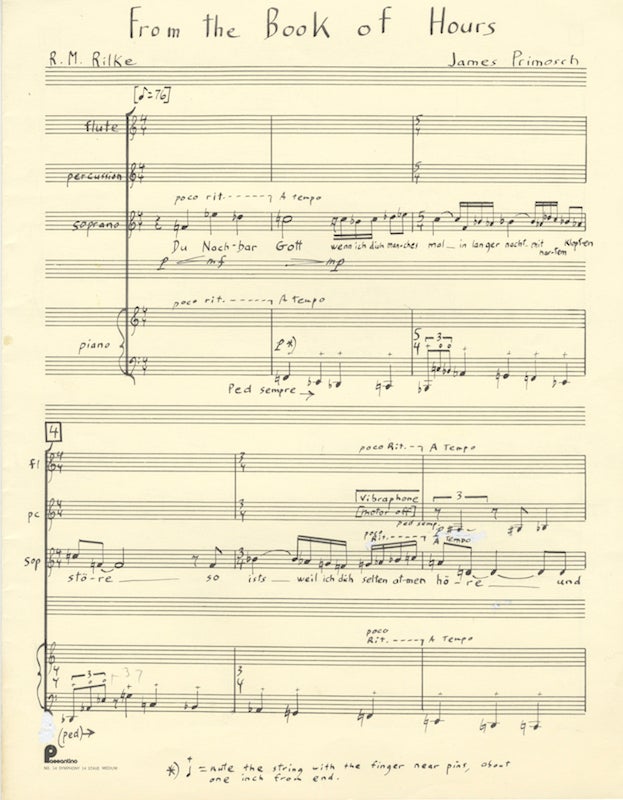 Item #22476 From the Book of Hours. Du, nachbar Gott. A song cycle for soprano and orchestra. [Autograph manuscript of the first movement of an early chamber version featuring flute, percussion, soprano, and piano]. James PRIMOSCH.