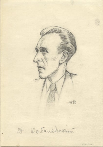 Item #22727 Original portrait drawing by Aleksandr Kostomolotsky, signed by the composer and initialed by the artist, ca. 1945-50. Dmitry KABALEVSKY.