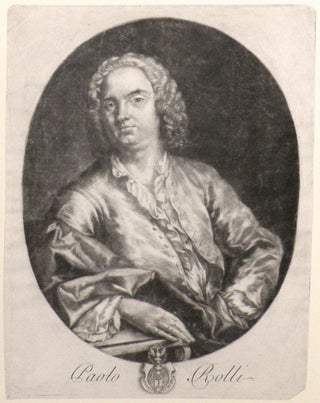 Item #23251 Mezzotint portrait of the librettist, half-length, seated at a table. HANDEL, Paolo...