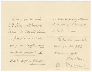 Item #23325 Autograph letter signed "M. Massenet," most probably to the tenor Francesco Tamagno....