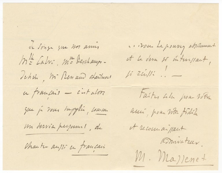 Item #23325 Autograph letter signed "M. Massenet," most probably to the tenor Francesco Tamagno. Jules MASSENET.