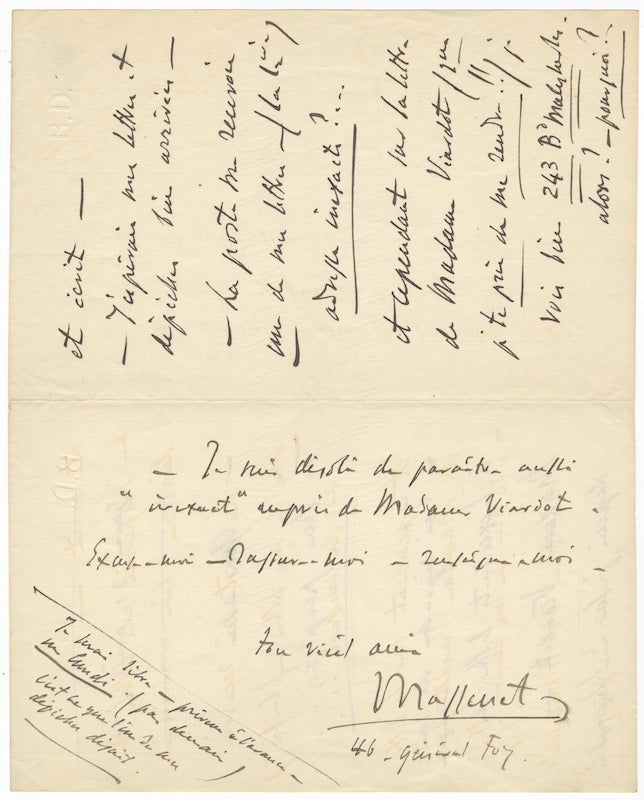 Item #23328 Autograph letter signed ("Massenet") mentioning Pauline Viardot. Jules MASSENET.