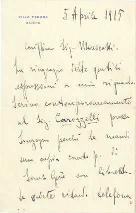 Item #23521 Autograph letter signed "U Giordano" to the journalist Marescotti. Umberto GIORDANO