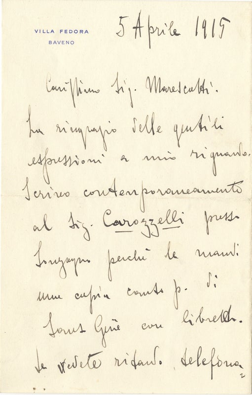 Item #23521 Autograph letter signed "U Giordano" to the journalist Marescotti. Umberto GIORDANO.