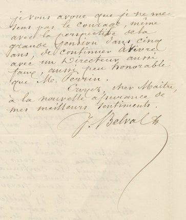 Item #23634 Two autograph letters signed "J Belval" concerning a lawsuit at the Paris Opéra. Jules-Bernard BELVAL.