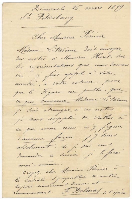 Item #23647 Autograph letter signed "F. Delmas de l'opéra" to [?Antonin] Périvier. Jean-François DELMAS.