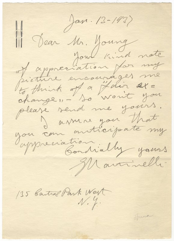Item #23663 Autograph letter signed "G Martinelli" to Mr. Young dated New York, January 13, 1937. Giovanni MARTINELLI.