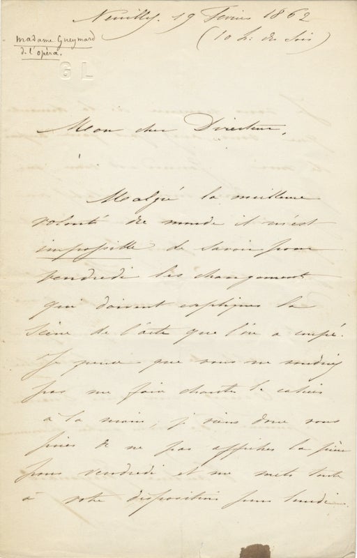 Item #23718 Autograph letter signed "Pauline Gueymard" to "Mon cher Director" [?Alphonse Royer, Director of the Paris Opéra]. Pauline GUÉYMARD-LAUTERS.