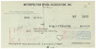 Item #23749 Autograph signature on verso of a Metropolitan Opera Association check in payment for...