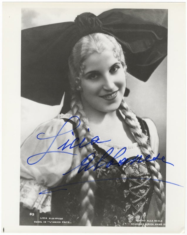Item #23759 Role portrait photograph of the soprano as Suzel in Mascagni's L'Amico Fritz. Signed in full. Licia ALBANESE.