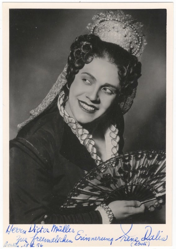 Item #23896 Postcard role photograph as Eboli in Don Carlos. Signed in full. Irene b. 1925 DALIS.