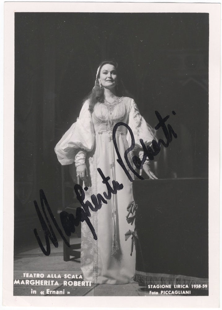 Item #23987 Full-length role portrait photograph as Elvira in Ernani, signed in full in black marker. Margherita b. 1925 ROBERTI.