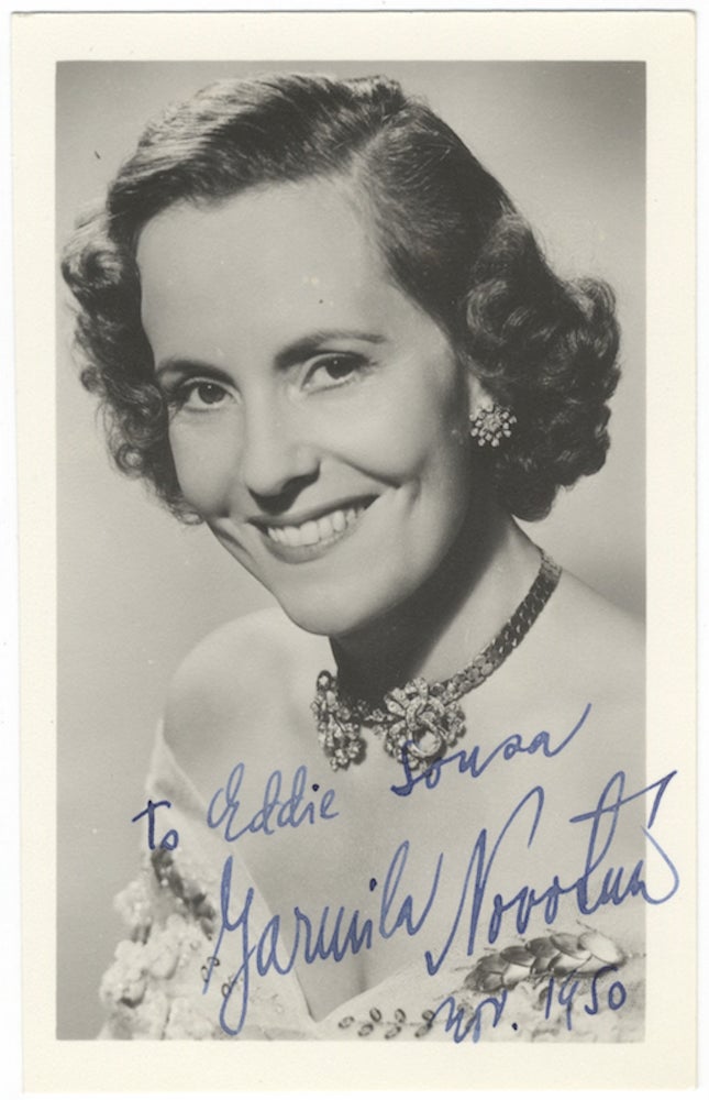 Item #24053 Bust-length postcard photograph signed in full, dated November, 1950, and inscribed to Eddie Sousa. Jarmila NOVOTNÁ.