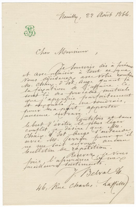 Item #24092 Autograph letter signed "J. Belval" to an unidentified correspondent. Jules-Bernard BELVAL.