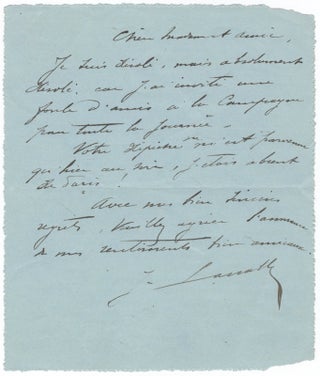 Item #24143 Autograph telegram signed "J. Lassalle" to Madame [?Aimée-Marie] Roger Miclos. Jean...