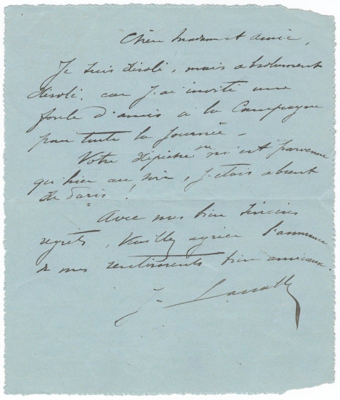 Item #24143 Autograph telegram signed "J. Lassalle" to Madame [?Aimée-Marie] Roger Miclos. Jean LASSALLE.