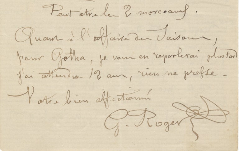 Item #24176 Autograph letter signed "G. Roger" to the Belgian poet and translator Gustave Oppelt (1817-1888). Gustave ROGER.