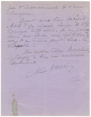 Item #24190 Autograph letter signed in full to impresario [Charles?] Wagner. Ninon VALLIN