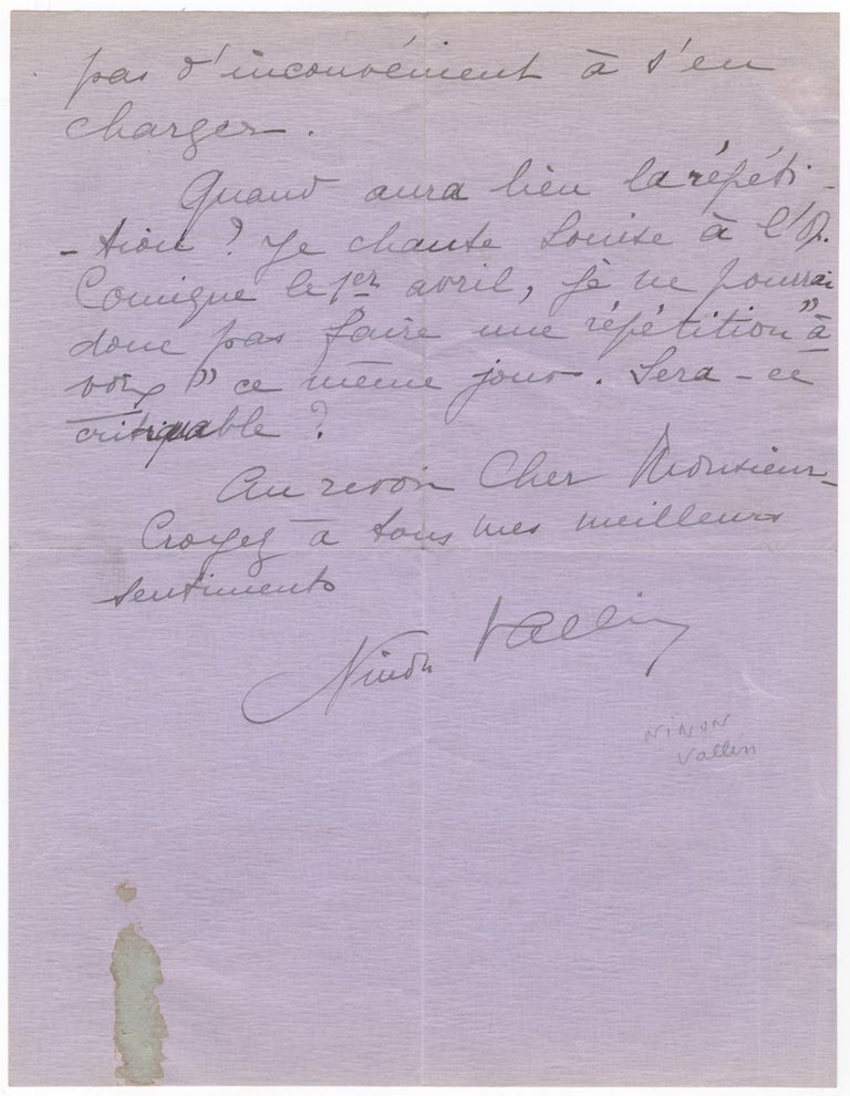 Item #24190 Autograph letter signed in full to impresario [Charles?] Wagner. Ninon VALLIN.