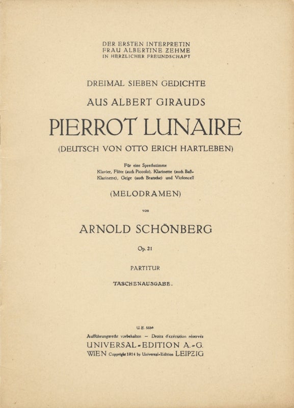 Item #24266 [Op. 21]. Dreimal sieben Gedichte aus Albert Girauds Pierrot Lunaire [Study score]. Arnold SCHOENBERG.