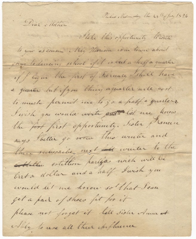 Item #24369 Autograph letter signed "B[enjamin] P Howell" to Mrs. Anna Howell, Fancy Hill [Berks County, Pennsylvania]. DANCE - 19th Century - Social.