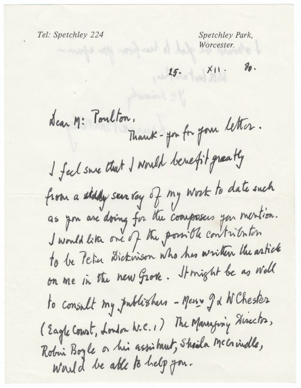 Item #24371 Three autograph letters signed to pianist and editor Alan Poulton. Lennox BERKELEY.