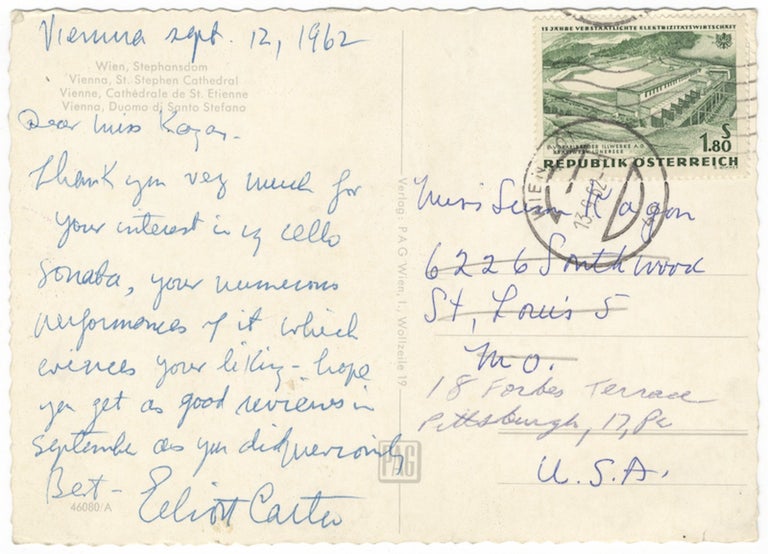 Item #24374 Autograph letter signed in blue ink to pianist Susan Kagan. Elliott CARTER.