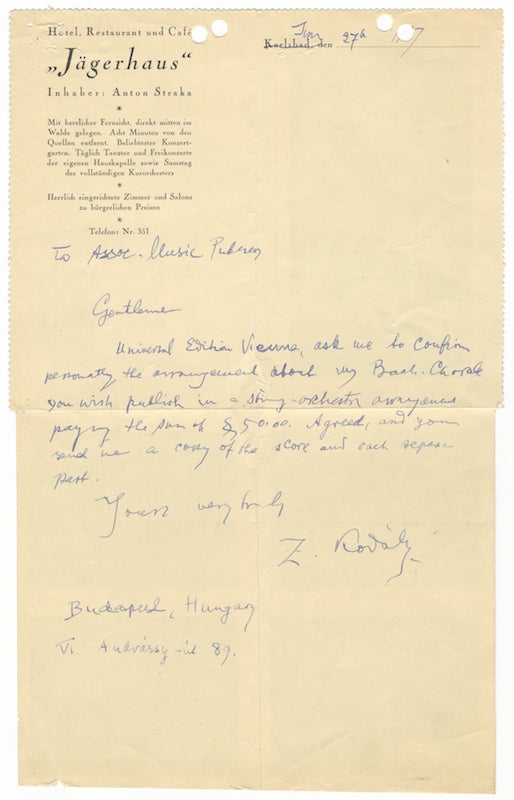 Item #24378 Autograph letter signed "Z. Kodály" to Associated Music Publishers in New York. Zoltán KODÁLY.