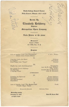 Item #24399 Signed program for a recital of songs and arias by Weber, Debussy, Schubert, R....