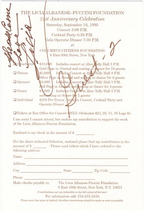Item #24401 Invitation with RSVP card signed and inscribed to musicologist Paul Jackson. Licia...