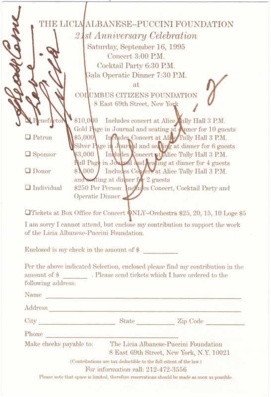 Item #24401 Invitation with RSVP card signed and inscribed to musicologist Paul Jackson. Licia ALBANESE.