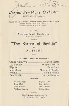 Item #24440 Signed program for a performance of Rossini's Barber of Seville with the Burrall....