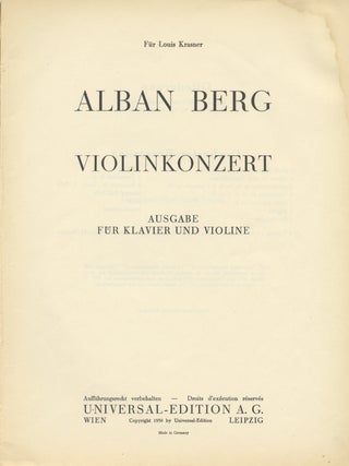 Item #24563 Violinkonzert [Piano reduction]. Alban BERG
