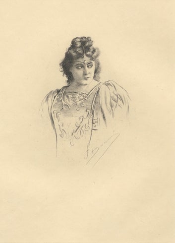 Item #24632 Half-length reproduction of an original etching by Fernand Desmoulin (1853-1914) of the noted American soprano in costume as Esclarmonde. Sybil SANDERSON.