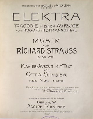 Item #24699 [Op. 58]. Elektra Tragödie in einem Aufzuge von Hugo von Hofmannsthal .. Meinen...