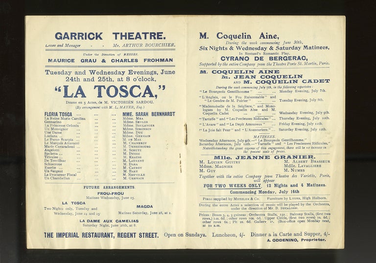 Item #24723 Program for the Garrick Theatre featuring a performance by Bernhardt of Sardou's play, La Tosca. Sarah BERNHARDT.