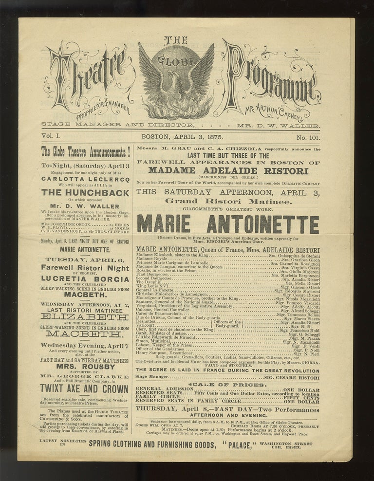 Item #24728 Program for The Globe Theatre featuring Ristori in a performance of Paolo Giacometti's Marie Antoinette. Adelaide RISTORI.