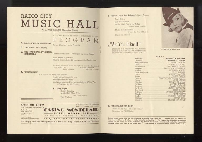 Item #24730 Radio City Music Hall Program for showings of films featuring Laurence Olivier (1907-1989), Elisabeth Bergner (1897-1986), and Irene Dunne (1898-1990). Laurence OLIVIER.